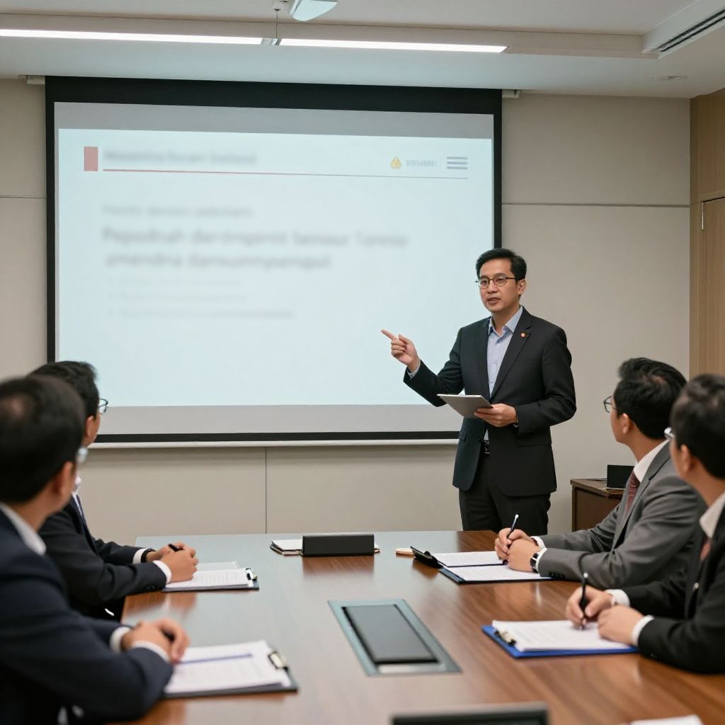 Professional leadership consultant is presenting a slide in a meeting room