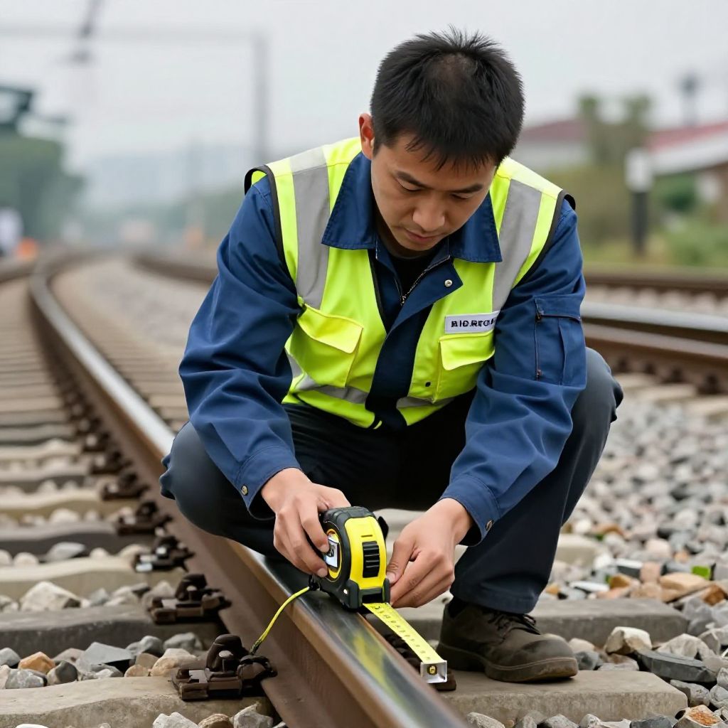 Technician measures railway with a meter roll