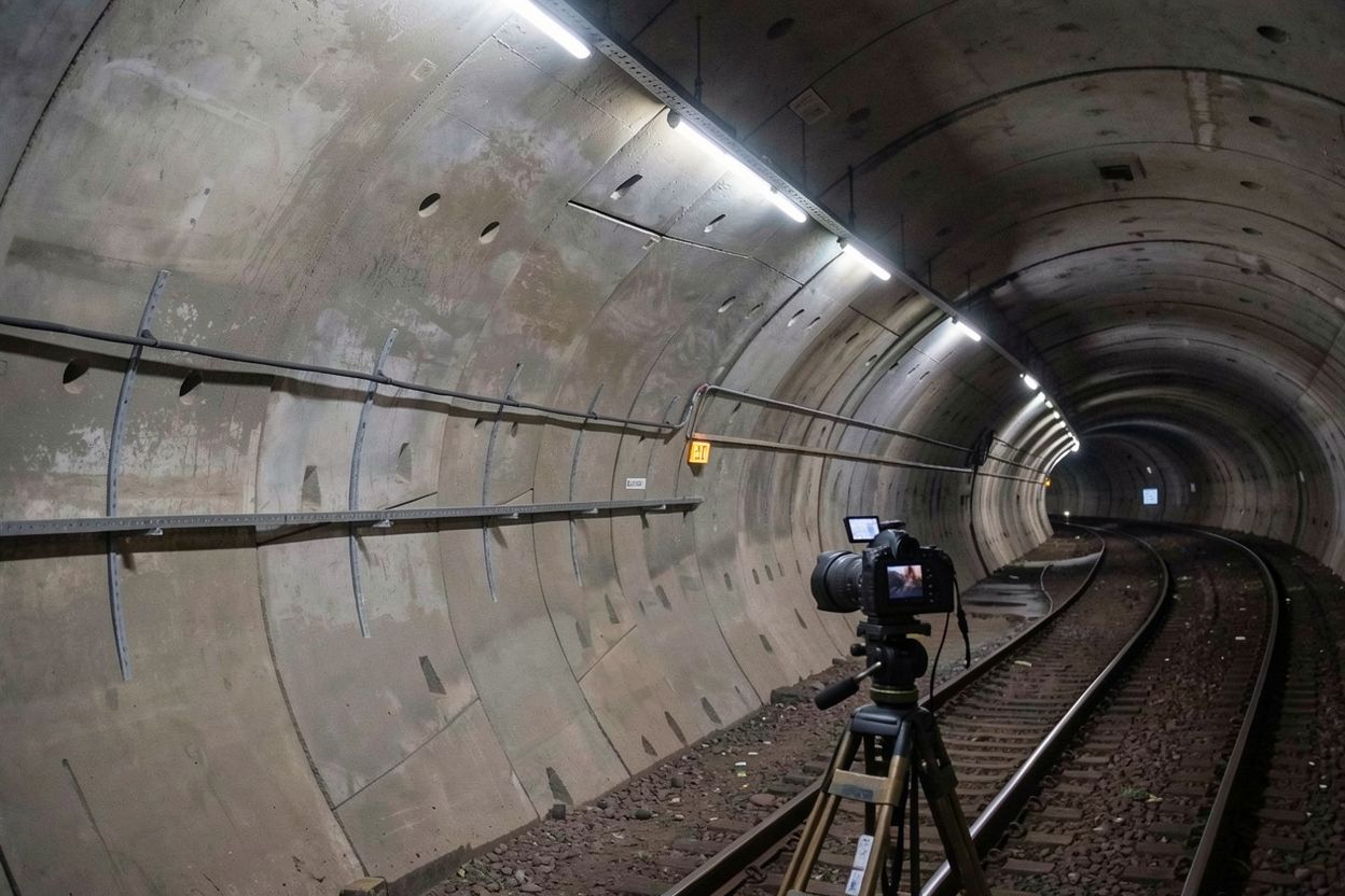 A DSLR camera pointing to the wall of railway tunnel